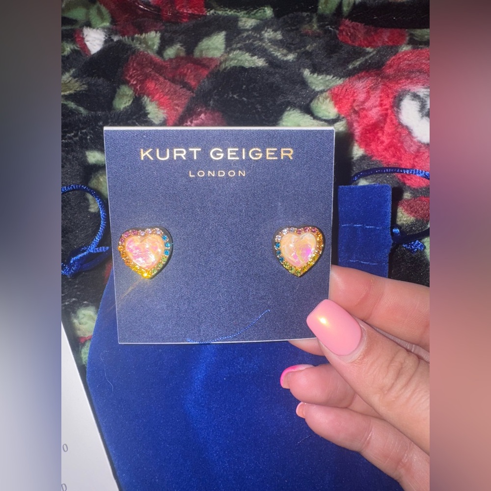 Kurt Geiger Rainbow Crystal and Opal Heart Stud Earrings In Gold Tone - Picture 3 of 3